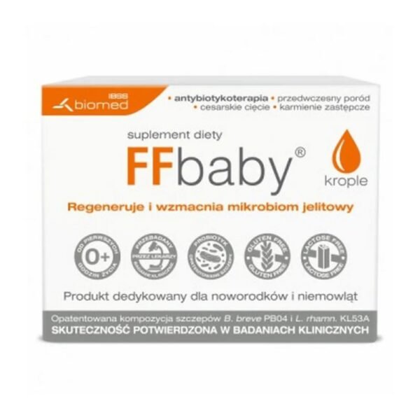 FFbaby is the first drug for newborns on the Polish market, developed by microbiologists and neonatologists, containing a unique composition of two live strains of bacteria:Bifidobacterium breve PB04 and Lactobacillus rhamnosus KL53A.