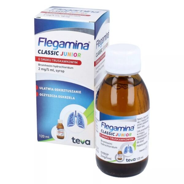 Phlegamine Junior syrup 120 ml with strawberry flavor is a mucolytic drug.