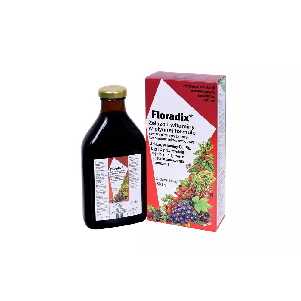 floradix iron and vitamins in liquid formula 500 ml Floradix Iron and Vitamins Tonic is a source of organic iron (II), vitamins B2, B6, B12 and C, which help reduce feelings of tiredness and tiredness and maintain proper energy metabolism.