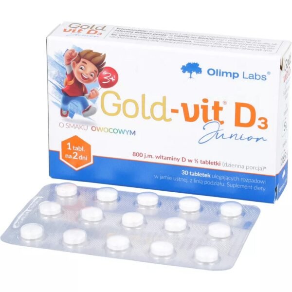 Gold-Vit D3 Junior is a dietary supplement containing vitamin D in the form of small tablets (with a dividing line) ODT, i.e. tablets that disintegrate in the mouth.
