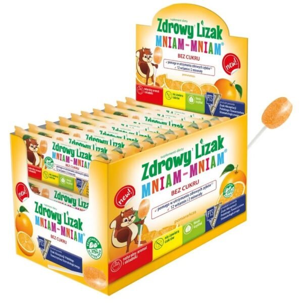 Dietary supplement Healthy 1 lollipop Mniam-Mniam with orange flavor contains sweeteners: Finnish xylitol and steviol glycosides.