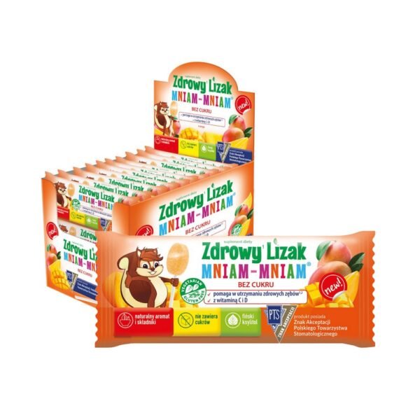 Dietary supplement Healthy 1 lollipop Mniam-Mniam with mango flavor contains sweeteners:Finnish xylitol and steviol glycosides.
