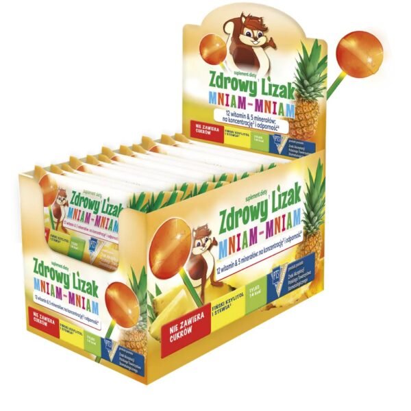 Healthy lollipop Mniam-Mniam for concentration and immunity with pineapple flavor is a dietary supplement, the main ingredients of which are: xylitol, stevia and isomalt, as well as a complex of 12 vitamins and 2 minerals.