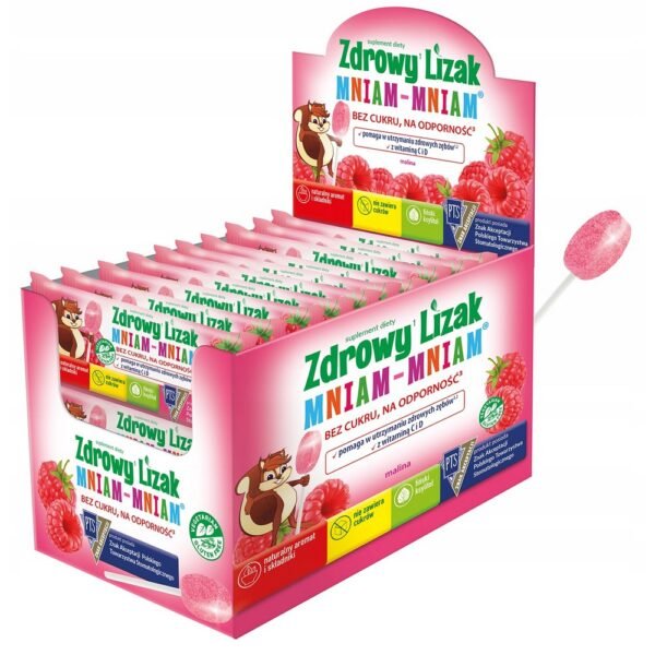 Healthy Yum-Yum lollipop with vitamin C and D for teeth, bones and immunity, contains sweeteners.
