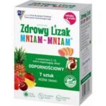 Healthy Lollipop Mniam-Mniam Immune dietary supplement containing sweeteners, Finnish xylitol, steviol glycosides and vitamins.