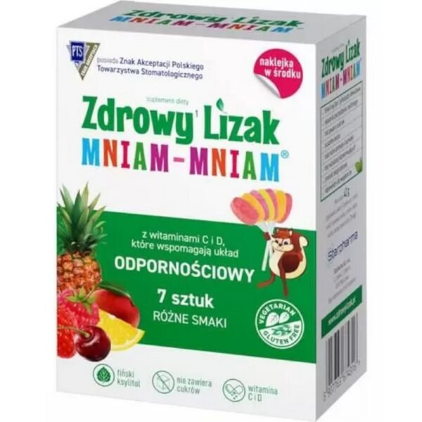 Healthy Lollipop Mniam-Mniam Immune dietary supplement containing sweeteners, Finnish xylitol, steviol glycosides and vitamins.