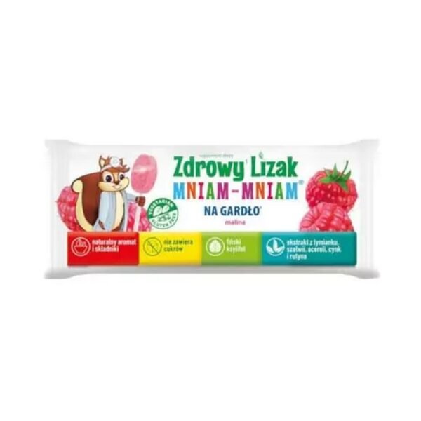 Healthy Yum-Yum Throat Lollipop with raspberry flavor contains common thyme extract, sage extract, acerola fruit extract, vitamin. C and D as well as zinc and rutin.