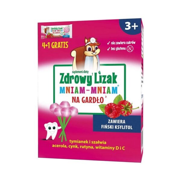 Healthy Yum-Yum Throat Lollipop with raspberry flavor contains common thyme extract, sage extract, acerola fruit extract, vitamin. C and D as well as zinc and rutin.