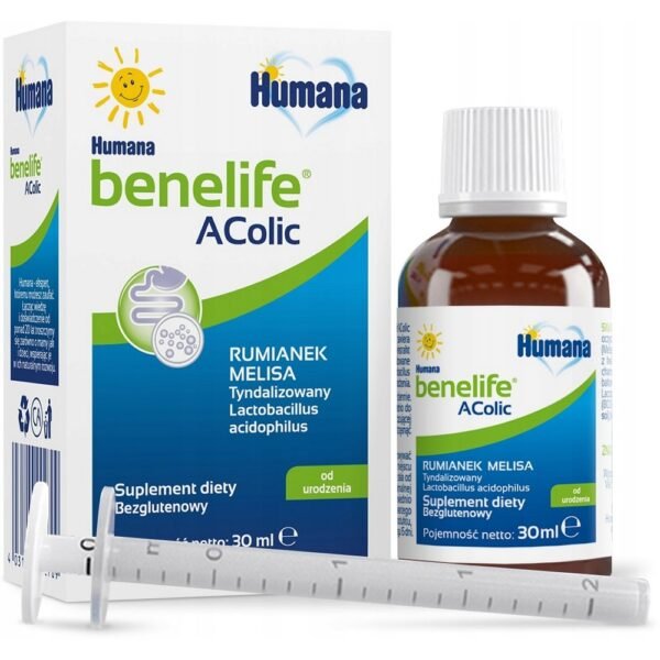 Humana Benelife AColic is a dietary supplement for infant colic containing chamomile, lemon balm and tindalized lactic acid bacteria (Lactobacillus acidophilus). It can be used to restore intestinal balance.