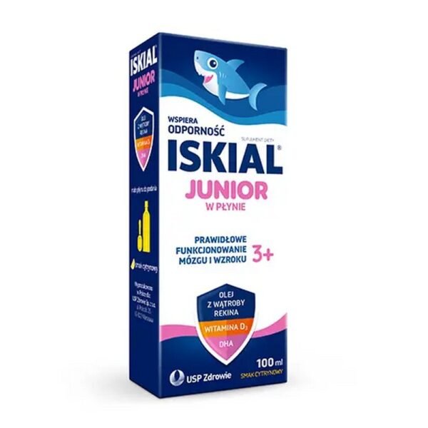 Iskial Junior, a lemon-flavored liquid for children over 3 years of age, contains a comprehensive formula combining shark liver oil and vitamin D.