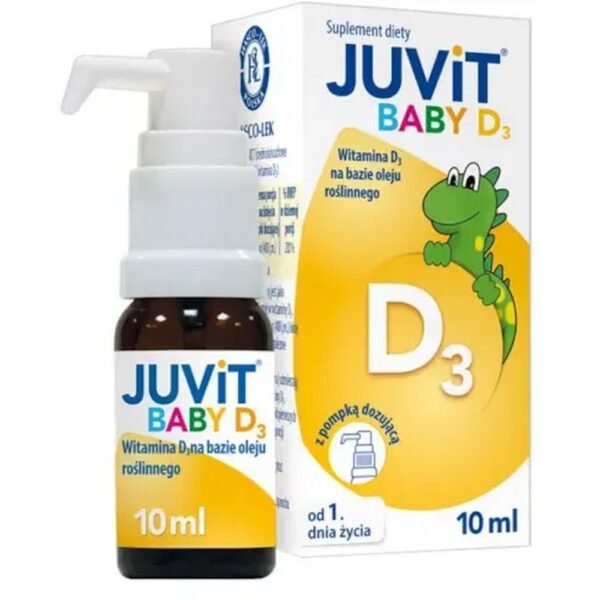 Juvit Baby D3 drops with a pump is a dietary supplement that contains vitamin D3 based on vegetable oil.