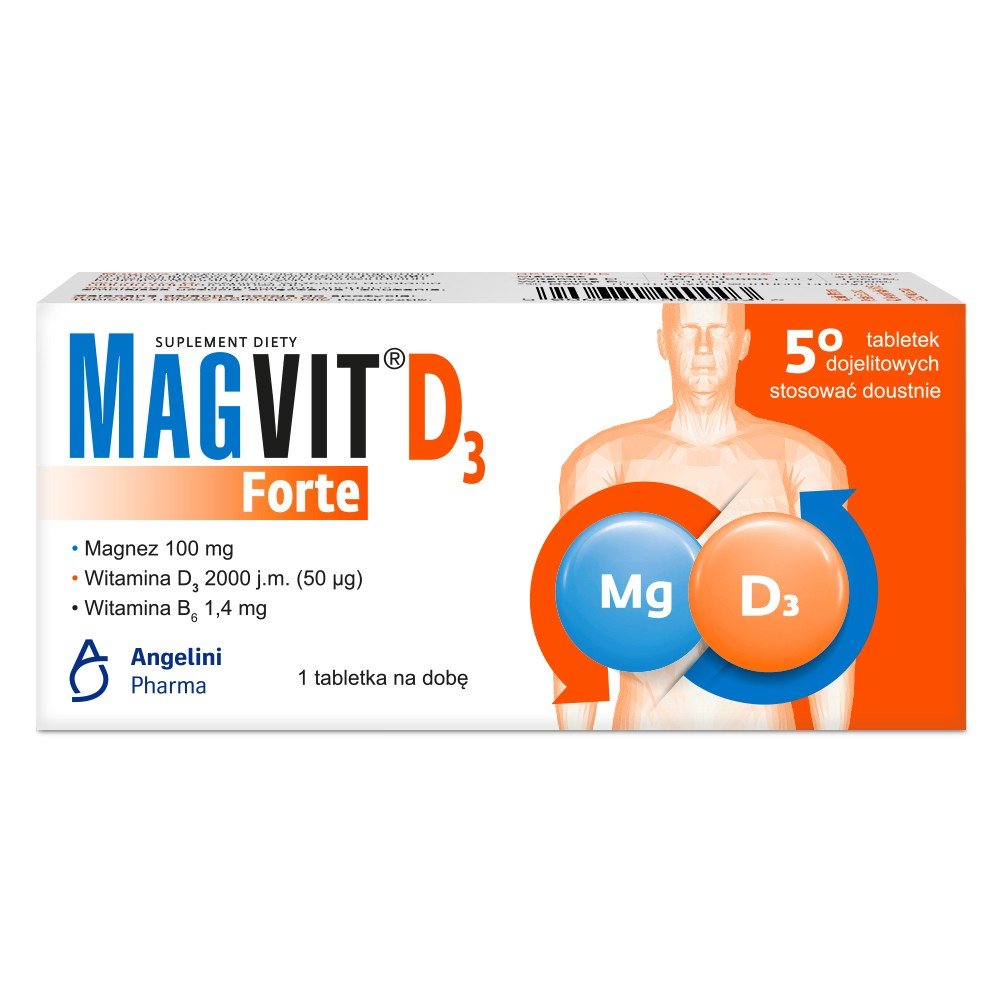magvit forte d3 50 gastro resistant tablets The product contains a combination of magnesium with vitamin B6 and vitamin D3.
