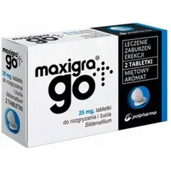 Maxigra Go 25 mg. Each chewable tablet contains 25 mg of sildenafil, formed in situ with 35.12 mg of sildenafil citrate. Excipients with known effects: each tablet contains 2.15 mg of aspartame (E951) and 70.4575 mg of lactose monohydrate.