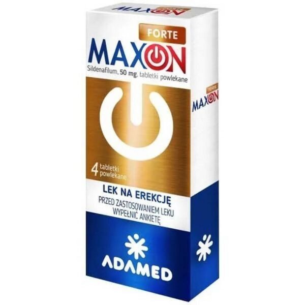 Maxon Forte 50 mg contains sildenafil, an active substance that belongs to the group of phosphodiesterase type 5 inhibitors (PDE5). It increases blood flow to your penis when you are sexually aroused, helping to relax the blood vessels in your penis. Maxon Forte will help you achieve an erection only when you are sexually aroused.