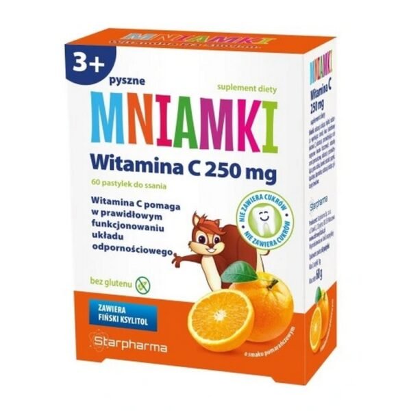 Dietary supplement Mniamki Vitamin C 250mg provides vitamin C in the form of delicious lozenges with the flavor of juicy orange.