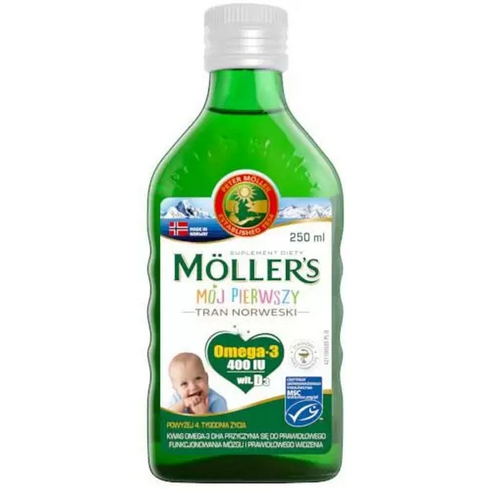 mollers my first norwegian fish oil omega 3 400 250 ml Une source naturelle d'acides gras essentiels oméga-3 EPA et DHA, dérivés du foie de morue sauvage norvégienne.