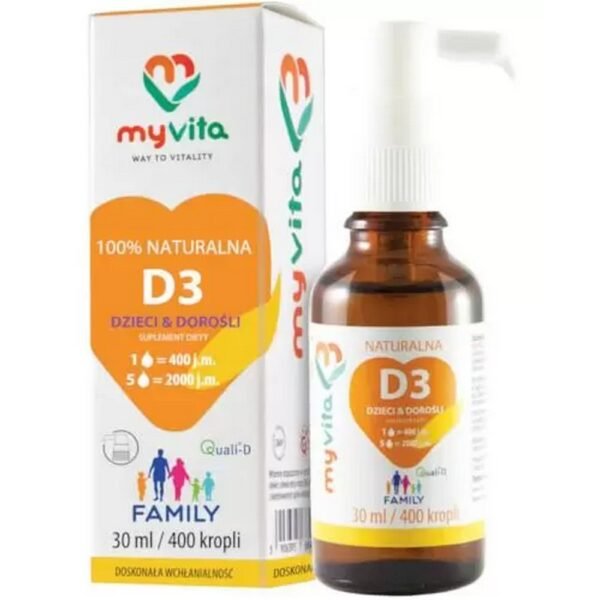 MyVita Naturalna Vitamin D3 Family - a dietary supplement containing vitamin D dissolved in olive oil.