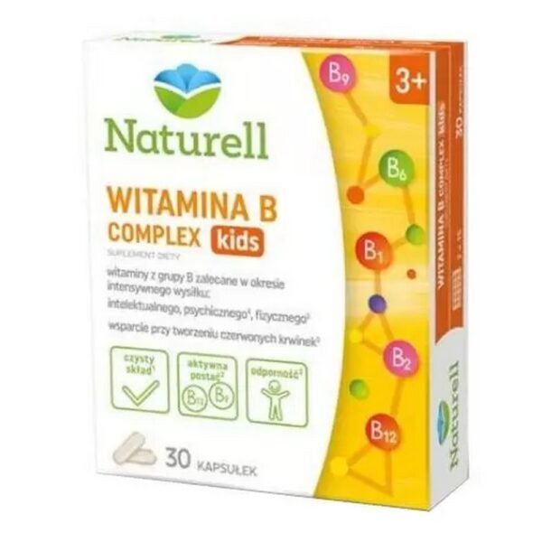 Naturell Vitamin B Complex kids is a comprehensive preparation developed for children over 3 years of age, containing key B vitamins: B1, B2, B6, B12 and folate