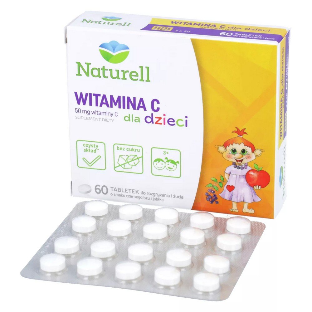 naturell vitamin c for children 60 chewable tablets Naturell Vitamine C pour Enfants est un complément alimentaire formulé spécifiquement pour les enfants - vitamine C contenue dans des comprimés à croquer et à croquer aromatisés au sureau et à la pomme pour enfants.