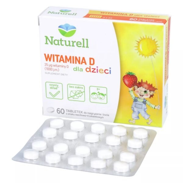 Naturell Vitamin D for Children is a dietary supplement designed specifically for children - vitamin D3 in vanilla and strawberry flavored children's chewable tablets.