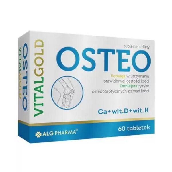 Osteo Vitalgold - suplement diety wspomaga w prawidłowym utrzymaniu zdrowych kości i zębów oraz wspomaga prawidłowe funkcjonowanie mięśni. Produkt przeznaczony dla dorosłych.