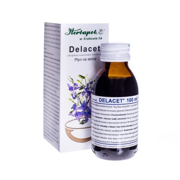 Delacet is a mixture of larkspur tincture and acetic acid, which has antiparasitic and local irritant properties and has a strong killing effect on all forms of lice.