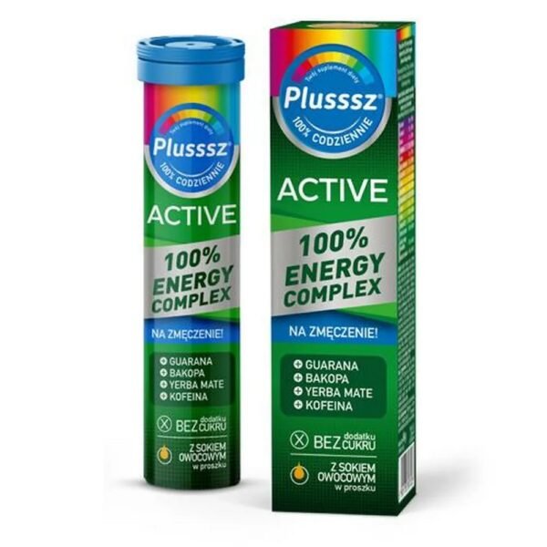 100% Plusssz Active energy complex contains many natural plant extracts (guarana, bacopa, yerba mate) that awaken the body, improve concentration and prevent fatigue.