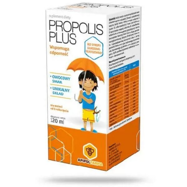 Preparation with the addition of elderberry extract, propolis, honey, concentrated raspberry, blackcurrant and banana juices, enriched with zinc and B vitamins, dedicated to children over 3 years of age.