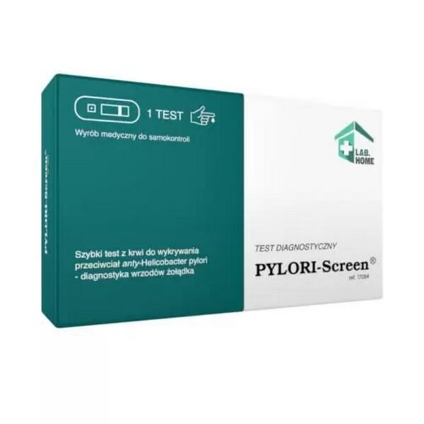 LabHome Pylori Screen is a home test for diagnosing infection with the Helicobacter pylori bacteria causing stomach ulcers - detection of antibodies in whole blood.