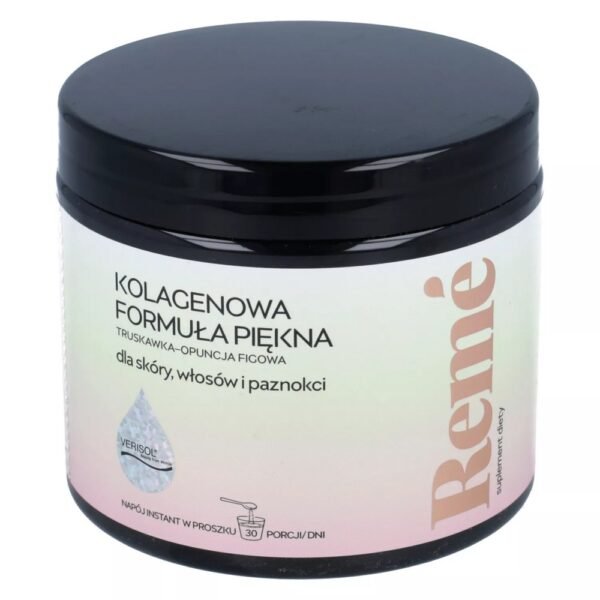 Remé Strawberry Prickly Pear Collagen Cosmetic Formula is a composition of bioactive Verisol collagen peptides, plus vitamins and minerals.