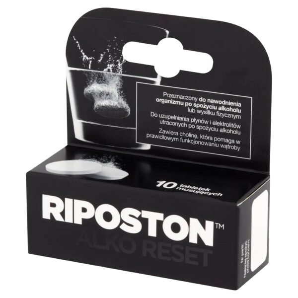 Riposton is an effervescent tablet for preparing a solution to hydrate the body after drinking alcohol or exercising.