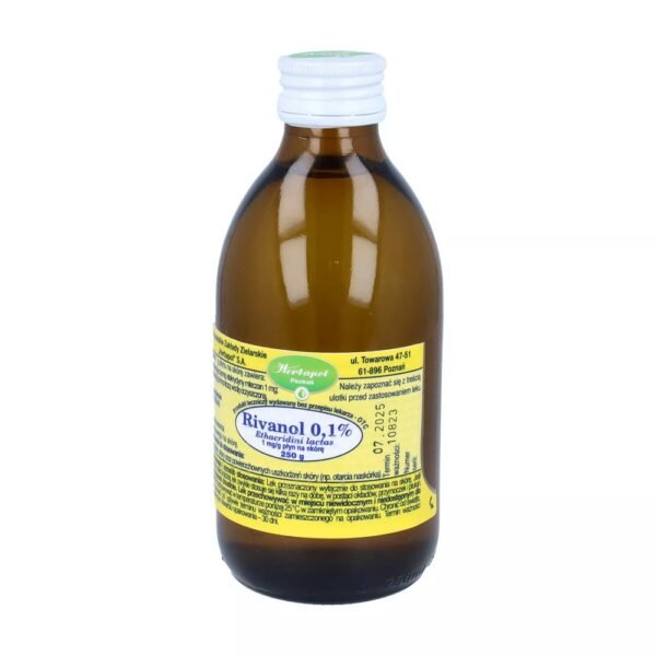 Rivanol 0.1% is an antiseptic liquid for application to the skin.