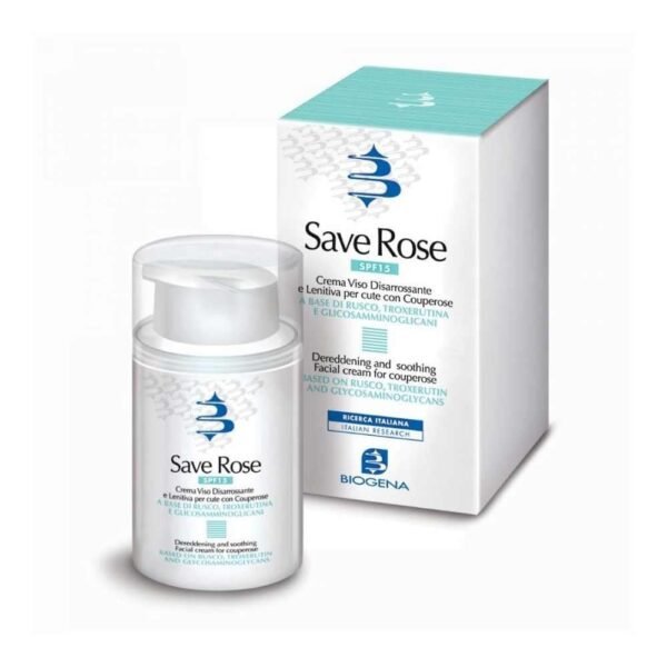 Biogena Save Rose Crema is a soothing facial cream designed to reduce rosacea and redness, as well as protect capillaries.