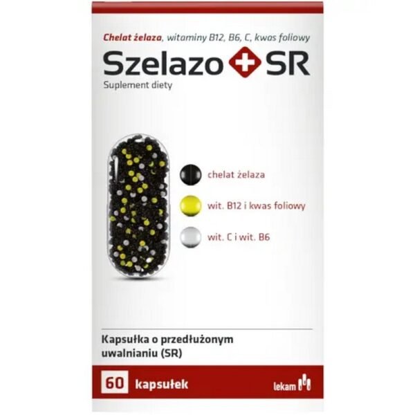Szelazo+ SR is a dietary supplement containing iron, vitamins C, B6, B12 and folic acid. The product is intended for children over 3 years of age and adults.