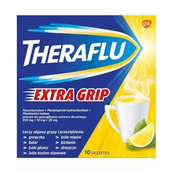 Theraflu ExtraGRIP is used to treat the symptoms of flu and colds (fever, chills, muscle pain, bone and joint pain, headaches, swelling and congestion of the nasal mucosa, excessive nasal discharge).