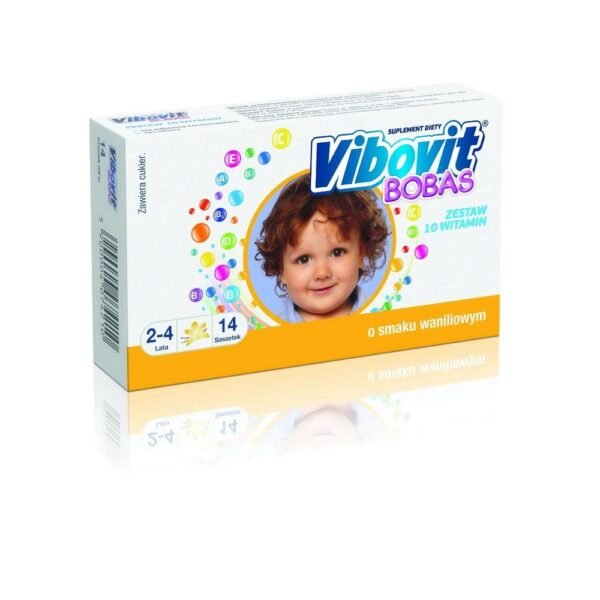 Vibovit Bobas is a dietary supplement in powder form with vanilla flavor, intended for children 2-4 years old.