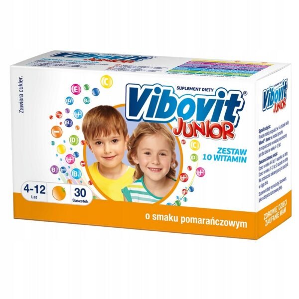 Vibovit Junior sachets with orange-flavored powder contain essential vitamins in a serving that complements the daily diet and needs of children aged 4 to 12 years.