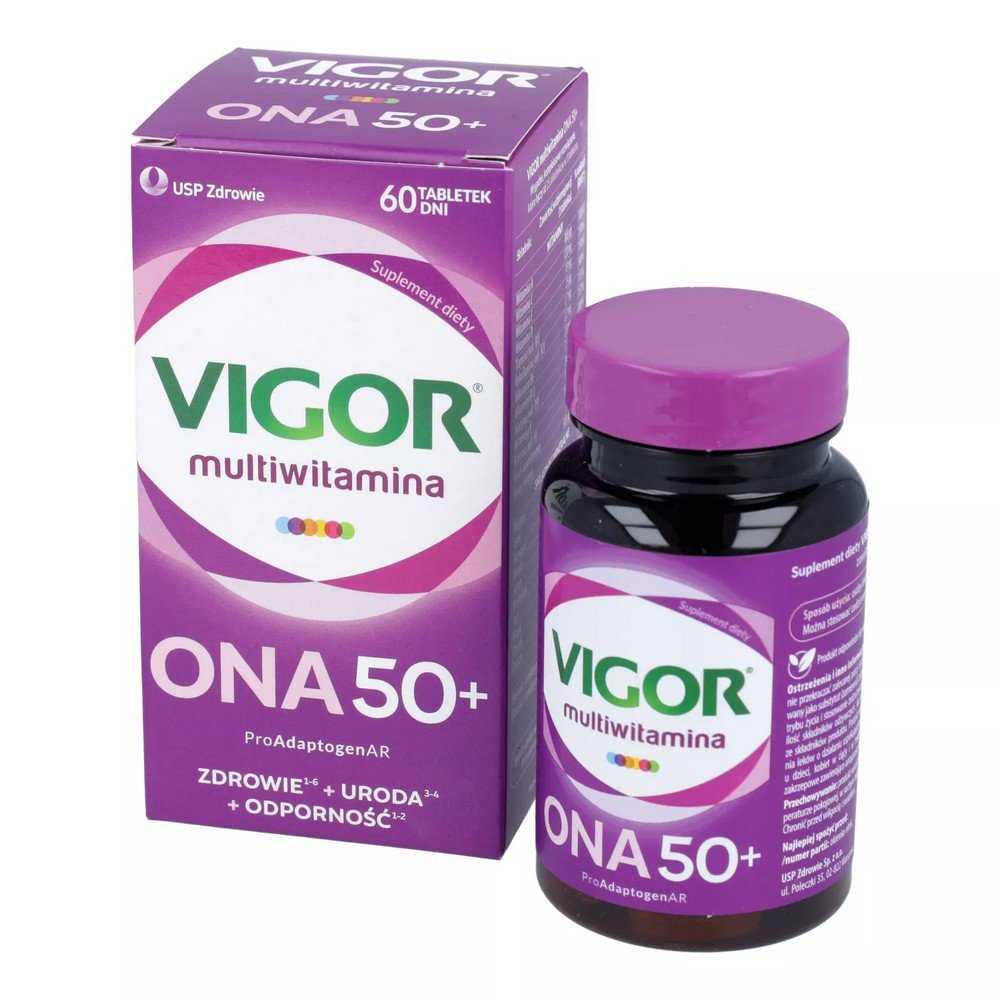 vigor multivitamin ona 50 60 tablets Multivitamines VIGOR ONA 50+ est un complexe bien équilibré à haute teneur en vitamines et minéraux, enrichi de la formule ProAdaptogenAR, un extrait précieux d'adaptogènes : ashwagandha et reishi, qui soutiennent la bonne santé du corps des femmes de 50 ans et plus.