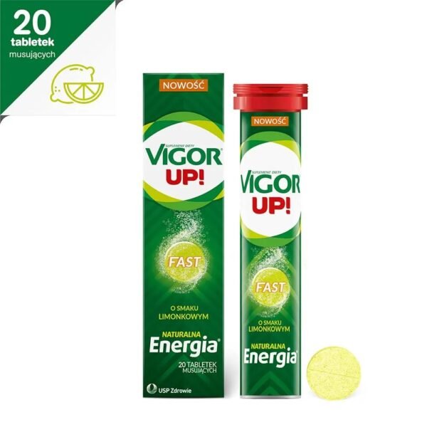 Energy up! Fast is a dietary supplement containing vitamins, minerals and herbal extracts in the form of lime-flavored effervescent tablets.