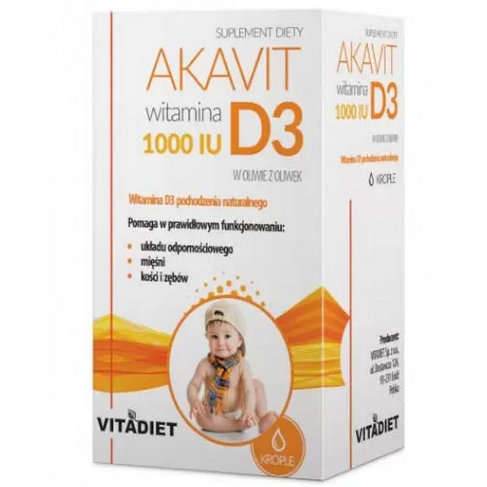 vitadiet akavit vitamin d3 1000 iu drops 294 ml AKAVIT Vitamin D3 1000 IU - dietary supplement containing vitamin D3 of natural origin dissolved in olive oil.