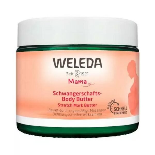 Weleda Mama body butter for stretch marks is a cosmetic product containing centella asiatica extract, organic shea butter and strong nourishing cocoa butter.