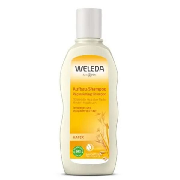 Weleda regenerating shampoo with oats for dry and damaged hair is a cosmetic product containing jojoba oil and organic oat extract.