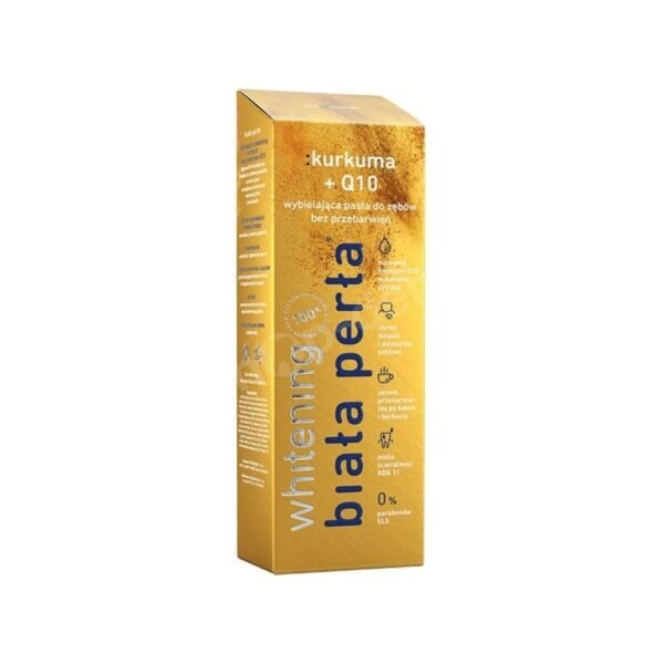 White Pearl Turmeric + Q10 is a whitening toothpaste that is a combination of turmeric extract and antioxidant coenzyme Q10.