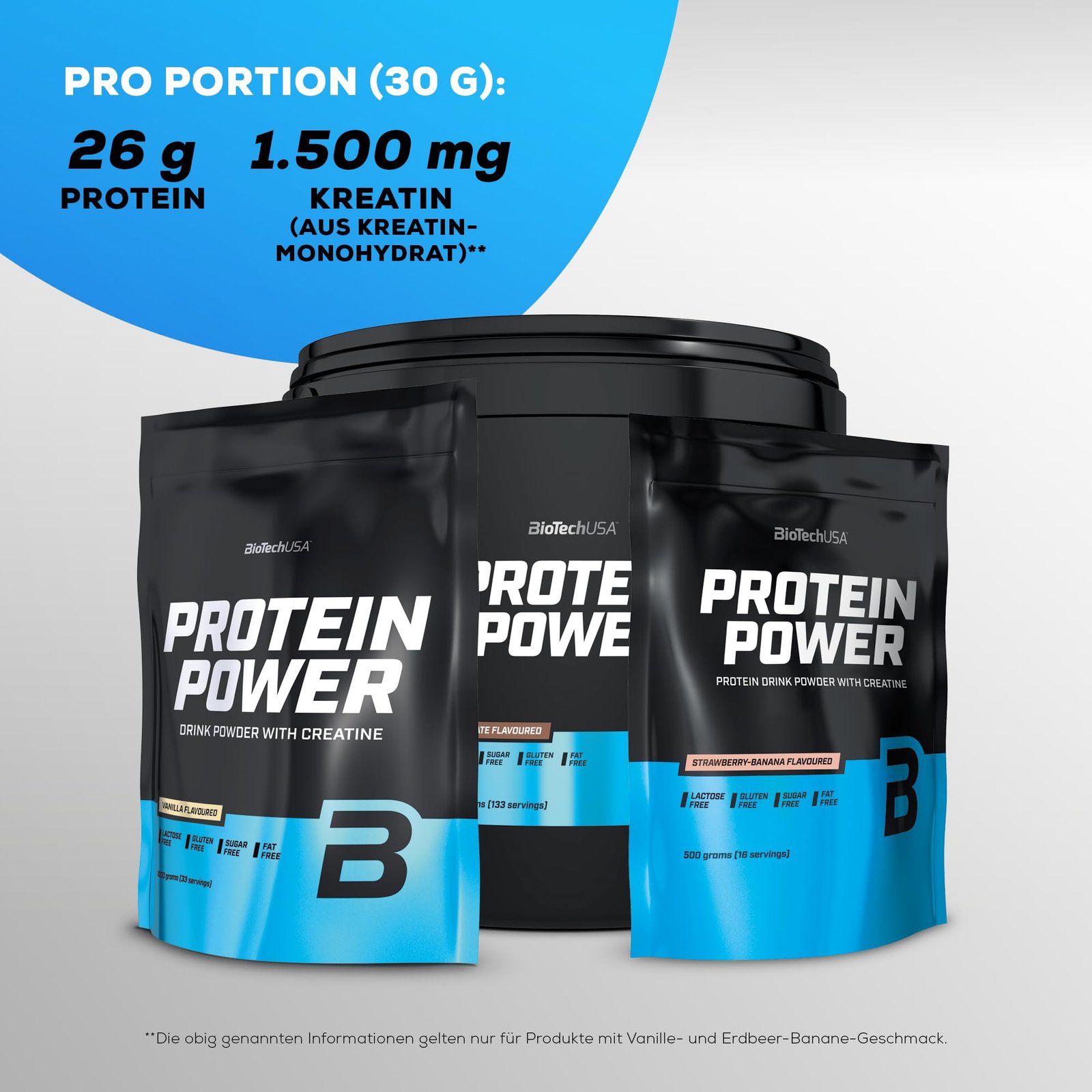 BIOTECHUSA PROTEIN POWER - HIGH PROTEIN CONTENT, SUGAR-FREE, LACTOSE-FREE, GLUTEN-FREE | WITH ADDED CREATINE, 1 KG, VANILLA