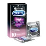 Ribbed condoms with inserts and stimulating gel.