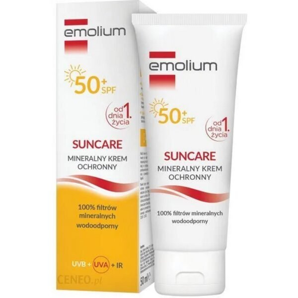Emolium Suncare Spf50+ cream is based on 100% mineral filters, reflects and scatters sunlight, providing very high protection of the skin against intense sunlight and its adverse effects.