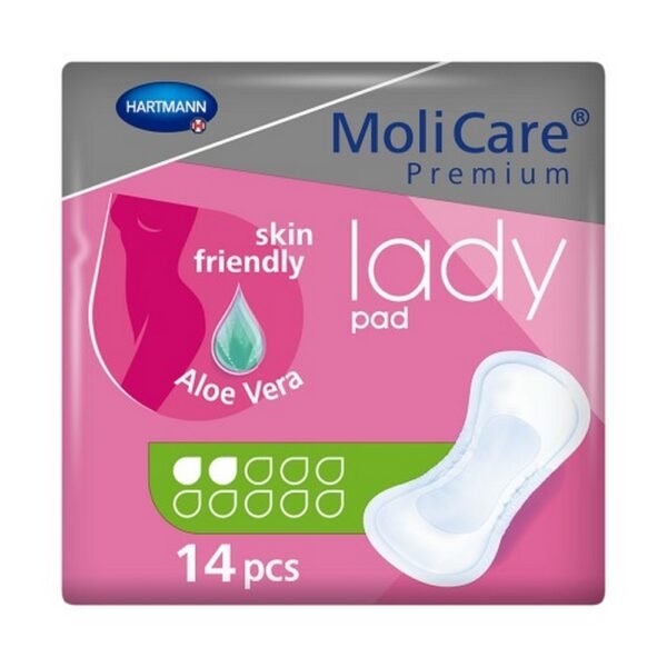 The medical device MolliCare Premium Lady Pad 2 drops is an absorbent pad for active women with mild to moderate urinary incontinence.