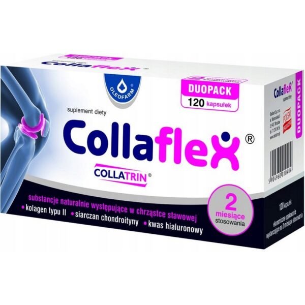 Collaflex food supplement COLLATRIN®, substances found naturally in articular cartilage, type II collagen, chondroitin sulfate, hyaluronic acid.