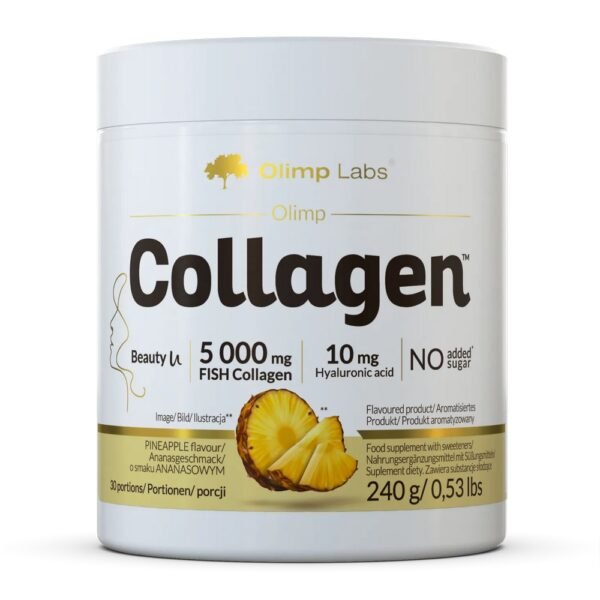 Olimp Collagen™ powder to be dissolved in water is a dietary supplement with fish collagen hydrolyzate, hyaluronic acid, and additional ingredients selected for their valuable properties.