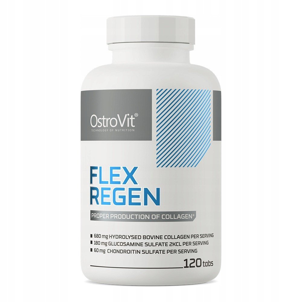 ostrovit flex regen 120 tabs for joints msm collagen OstroVit Flex Regen – комплексная пищевая добавка, являющаяся источником ценных ингредиентов: препарат содержит, среди прочего: коллаген, глюкозамин, гиалуроновую кислоту и витамин С.